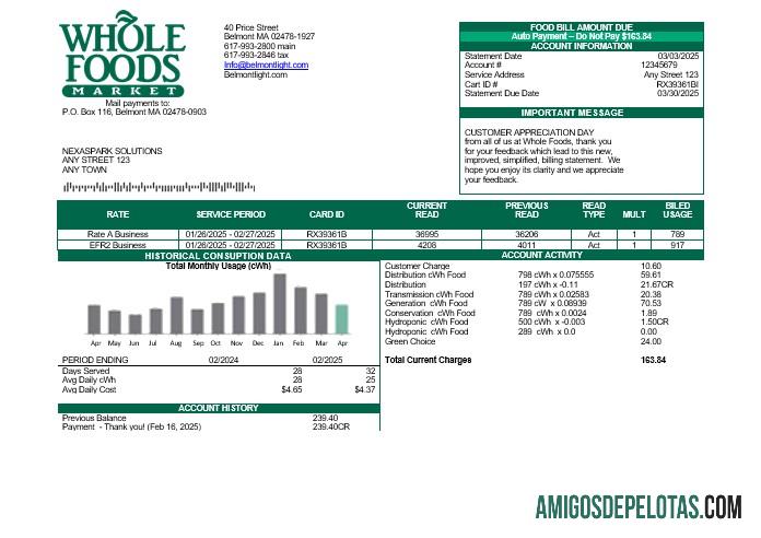 realista Modelo de conta de serviços públicos do mercado de alimentos inteiros dos EUA em formatos Word e PDF